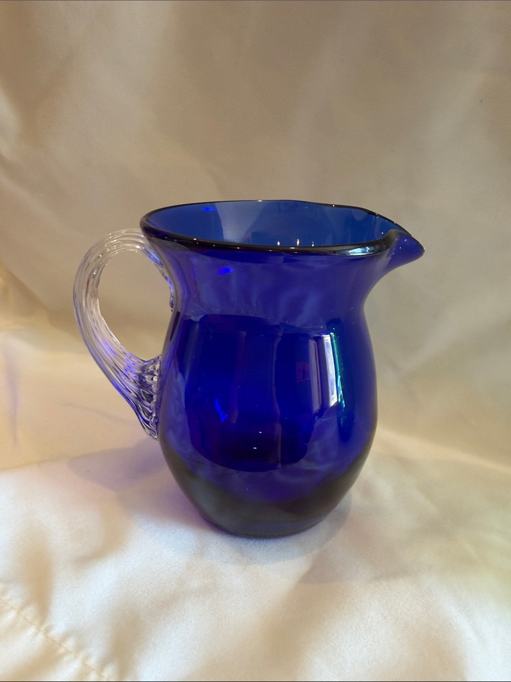 Cobalt blue mini pitcher creamer 3.5” hand blown glass vintage